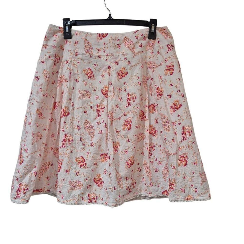 AGB Women's White & Pink Cotton Floral Lined A-Line Skirt w Lace Trim